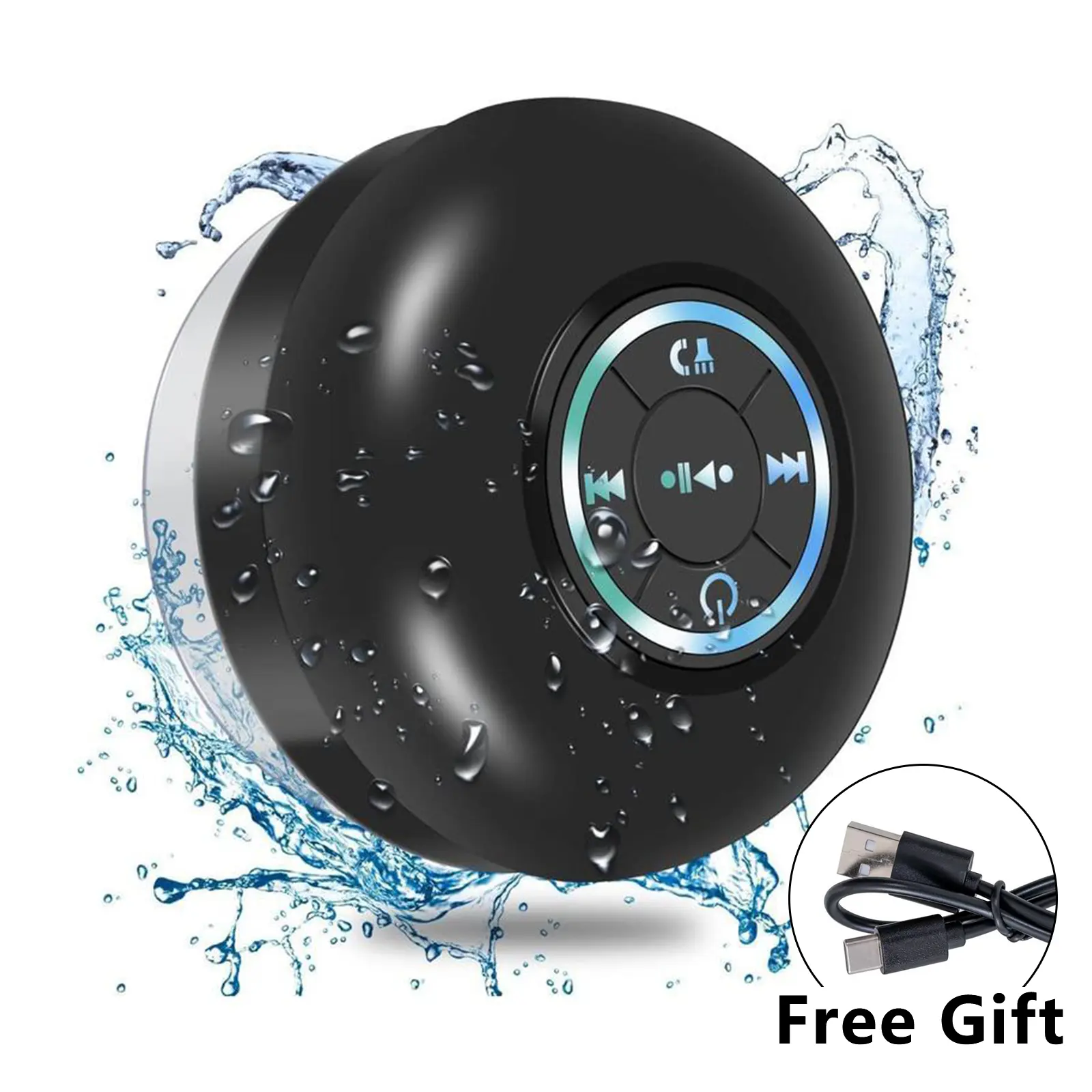 Mini Bluetooth Shower Speaker with LED Light, IPX4 Waterproof Portable Speakerphone, Micro USB-Rechargeable Wireless Stereo for Home & Beach, Ideal Anniversary Gift for Mobile Smartphone Audios (Cable Included)
