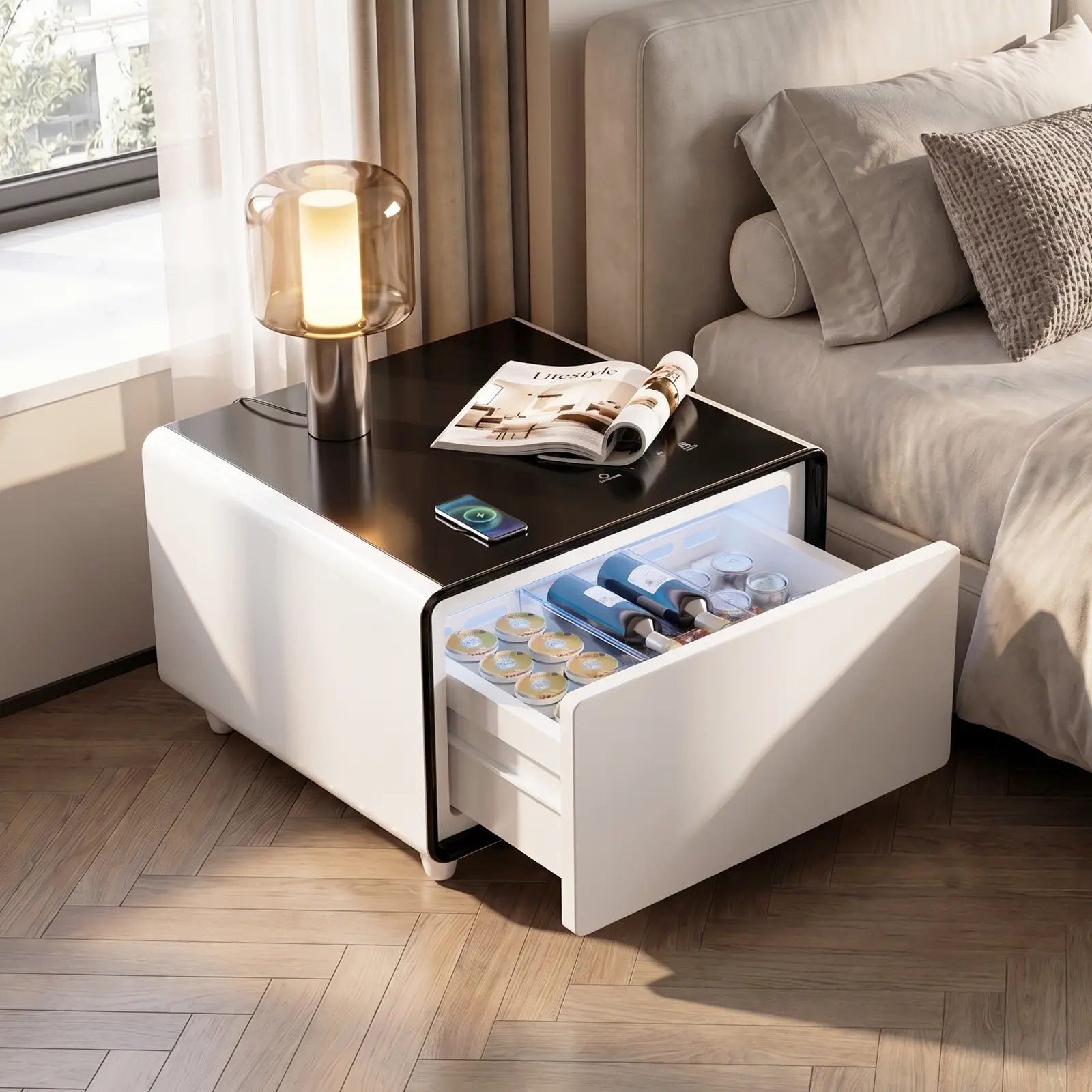 Smart Side Table, Nightstand with Built in Fridge, Mini Coffee Table with 15W Wireless Charging, Modern End Table with USB Chargers and Outlets