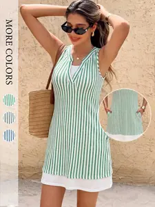 Women's Striped Tank Dress Faux Two Piece Sleeveless A Line Summer Casual Dress Style Fashion Dress with Hidden Side Pockets Split V Neck Outdoor Wear