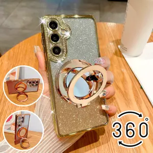 360° Rotating Mirror Ring Holder Protective Case for Samsung Smartphone A07 A17 A06 A16 A26 A36 A56 A14 A34 A54 A15 A25 A24 A35 A55 A05s 5G Glitter Wireless Charging Plating Cover