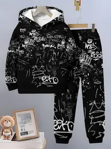Boys Spring & Fall Sports Set, Graffiti Full-Print Hoodie and Pants Two-Piece, Casual Fitted Streetwear for Kids, Hoodies