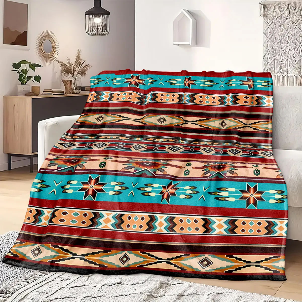 Native Tribe Striped Aztec Print Blanket, Plush Flannel Throw, Soft Lightweight Fleece Blanket for Adults, Boys and Girls, Lightweight Cozy Blanket, Perfect Holiday Gift, Soft Blankets