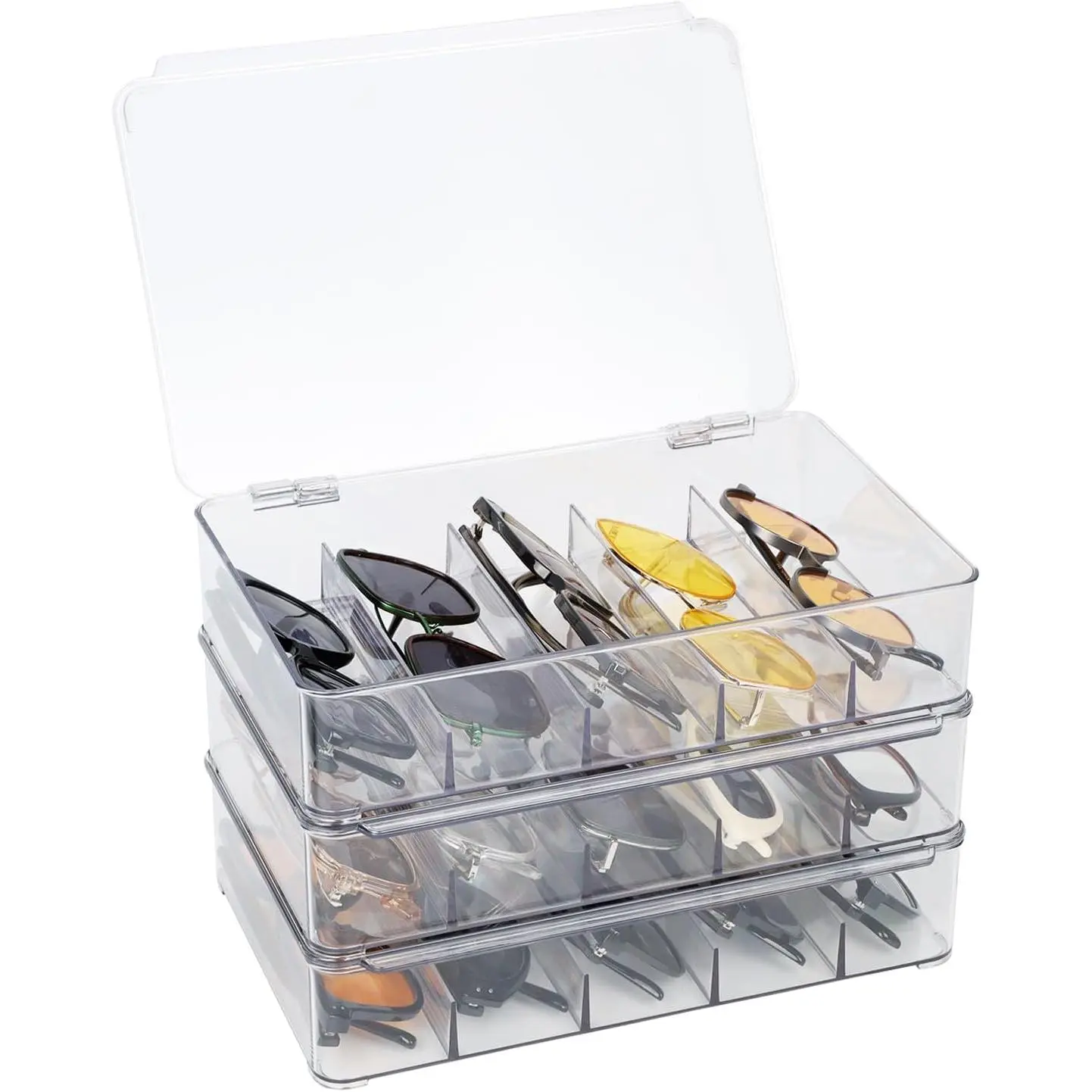 Sunglasses Organizer, Plastic Stackable Eyeglass Case Storage Organizer, Sunglass Glasses Storage Box with Hinged Lid, 5 Sections, 3 Pack, Clear