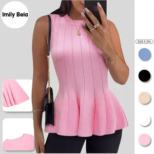 Imily Bela Womens Pleated Peplum Tank Tops Fitted Ribbed Knit Crew Neck Blouses Summer Sweater Vest