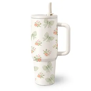 1 Pc 40 Oz Stainless Steel Water Cup with Handle and Foldable Straw, Green Bow and Floral Fresh Pattern Design, Double Wall Insulated Thermal Mug, Flasks, Hot 6H/Cold 12H, Minimalist Nature Tumbler, Mother's Day Gift, Perfect Gift for Mom and Family.