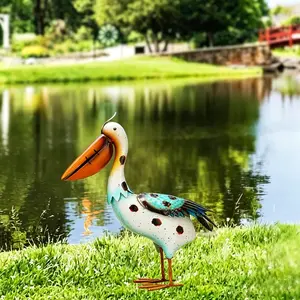 Handcrafted Rustic Metal Pelican Garden Statue, Floor-Mounted Outdoor, Porch, Patio, Coastal & Lawn Decor, Vibrant Colorful Design, Perfect for Easter & Thanksgiving