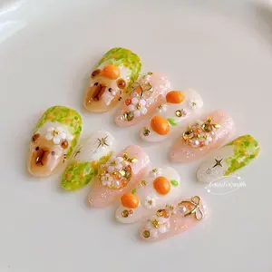 CapyOrange Press On, Cute 3D Painted Nails, Cute capybara Nails, Orange Nails, Colorful Summer Nails, Garden Spring Nails, Animals Nails