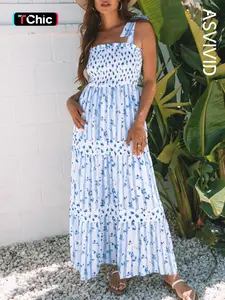 Women's Casual Floral Print Smocked Tied Straps A-Lined Tiered Maxi Dress, Sleeveless Long Dress, Fashionable Summer Wear