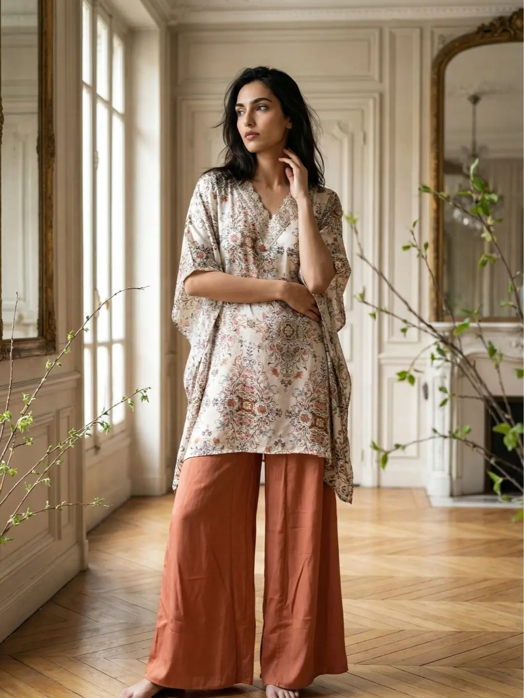 Women's 3-Piece Ethnic Roman Silk Suit Set with Loose Palazzo Bottom and Matching Dupatta, Detailed with Sequence Work and Lace for Festive Elegance, Fabric, Pure Silk, Sequence Detail