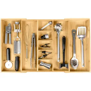 Adjustable Bamboo Kitchen Drawer Organizer for Utensils and Junk, Expandable to 28 inches Wide, 9 Compartments