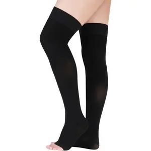 15-20 mmHg Medical Compression Stockings Women and Men Thigh High Dot-Top Open Toe Socks Varicose Vein Swollen legs Travel Flight Pregnant(Black,M)