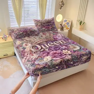 3Pcs Queen Pattern Printed Fitted Sheet Set, Dark Gothic Themed Bedding Set,  Durable Ultra-Fine Fiber Bed Cover, Suitable for Room Decoration, Soft and Comfortable, Suitable for All Seasons, Including Two Pillowcases (Excluding Pillow Core).