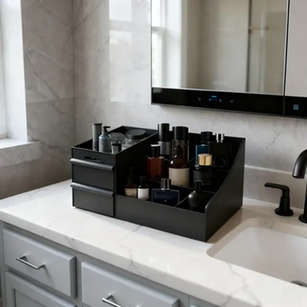 Men's Black Plastic Cologne Organizer Storage Boxes - 7-Compartment Cuboid with 2 Extra-Deep Drawers, Modern Waterproof Washable Vanity Organization Container for Perfume, Shaving Essentials, Father’s Day Thanksgiving Gifts, Men's Room Accessories