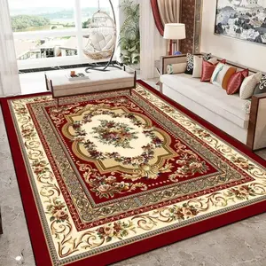 Classic Red Floral Medallion Flannel Area Rug, Decorative Area Rug - Traditional European Border Print Soft Mat for Living Room & Bedroom, Non-Slip Home Decor