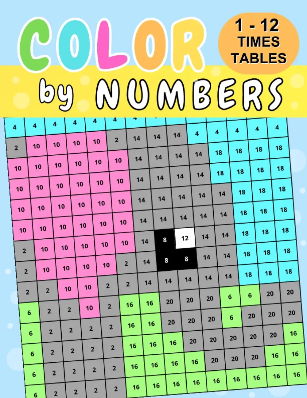 Color by Numbers Math: 1 – 12 times tables workbook. Solve multiplication equations and color in the answers to reveal the hidden picture.