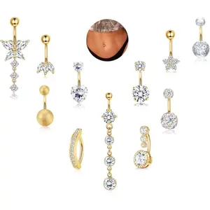 MILACOLATO 11Pcs 14G Gold Silver Belly Button Rings - Surgical Stainless Steel, Hypoallergenic Dangle Body Piercings Jewelry for Women summerwins