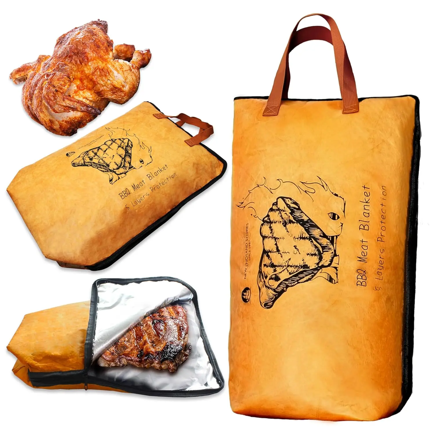 5-Layer Insulation BBQ Meat Resting Blanket for BBQ Use, 21-in Durable Brown Rectangular Aluminium Bag with Handle, Extra-Large Capacity Lightweight Insulation Kitchenware Barbecue Utensil for Briskets, Pork Shoulders