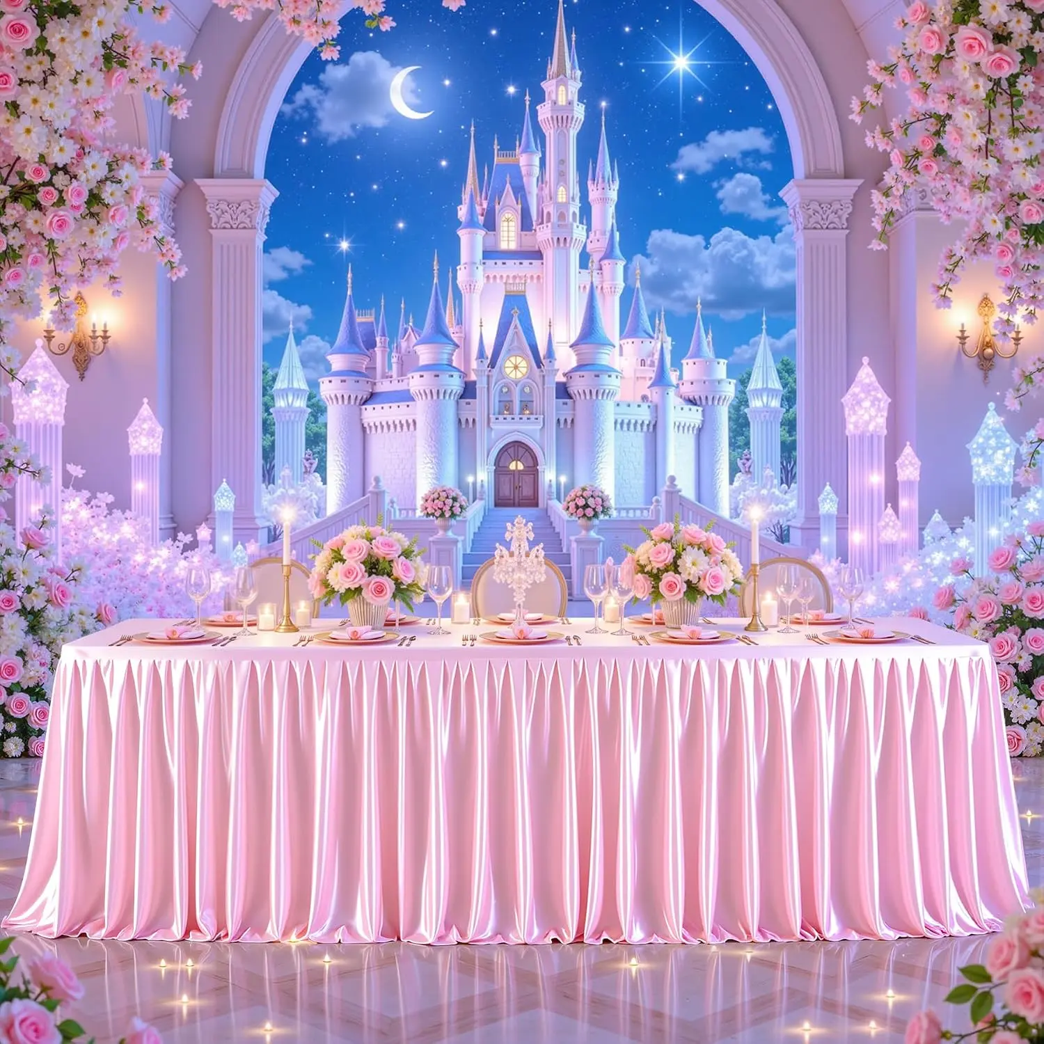 Fitted Pink Tablecloth with Pleated Skirt for 4FT 6FT 8FT Rectangle Tables - Wrinkle Free Satin Table Cover for Birthday, Baby Shower, Wedding Party Decorations