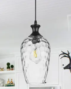 Glass Pendant Lights Kitchen Island, 1-Light Black Pendant Light Fixtures with Hand-Blown Clear Glass Farmhouse Hanging Light for Kitchen Sink Dining Room Bedroom