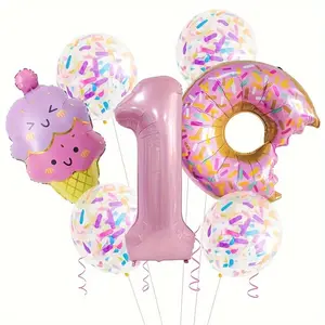 9-piece set, cute pink donut candy aluminum foil balloon set, ice cream 32 inch pink digital birthday party decoration scene decoration, photo props indoor decoration, outdoor decoration, summer gift anniversary supplies set, Balloon Decorations Kit