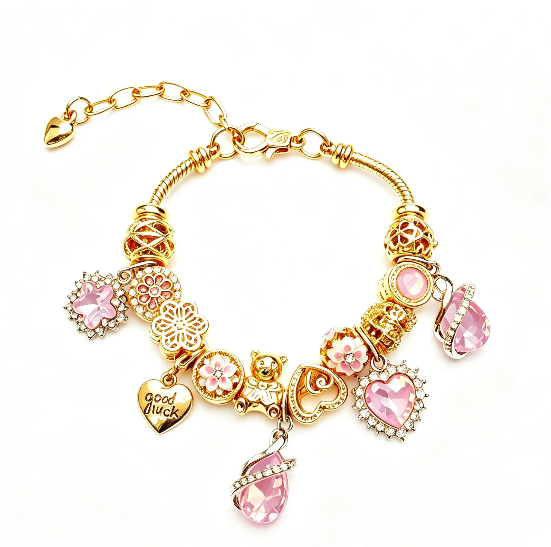 Sparkling Pink Charm Bracelet – Adjustable Gold-Tone with Heart, Flower & Bear Pendants | Cute "Good Luck" Jewelry Gift for Her