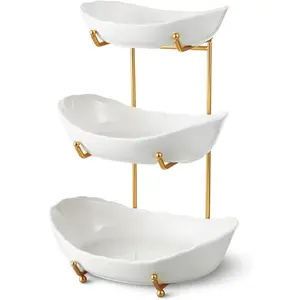 3-Tier Ceramic Fruit Bowl for Kitchen Counter - Gold Metal Stand, Tiered Fruit Stand for Countertop, Snack, Nuts, Cake, Dessert, Small & Cute, BPA-Free, Food-Grade Safe, Easy to Clean, Perfect Gift