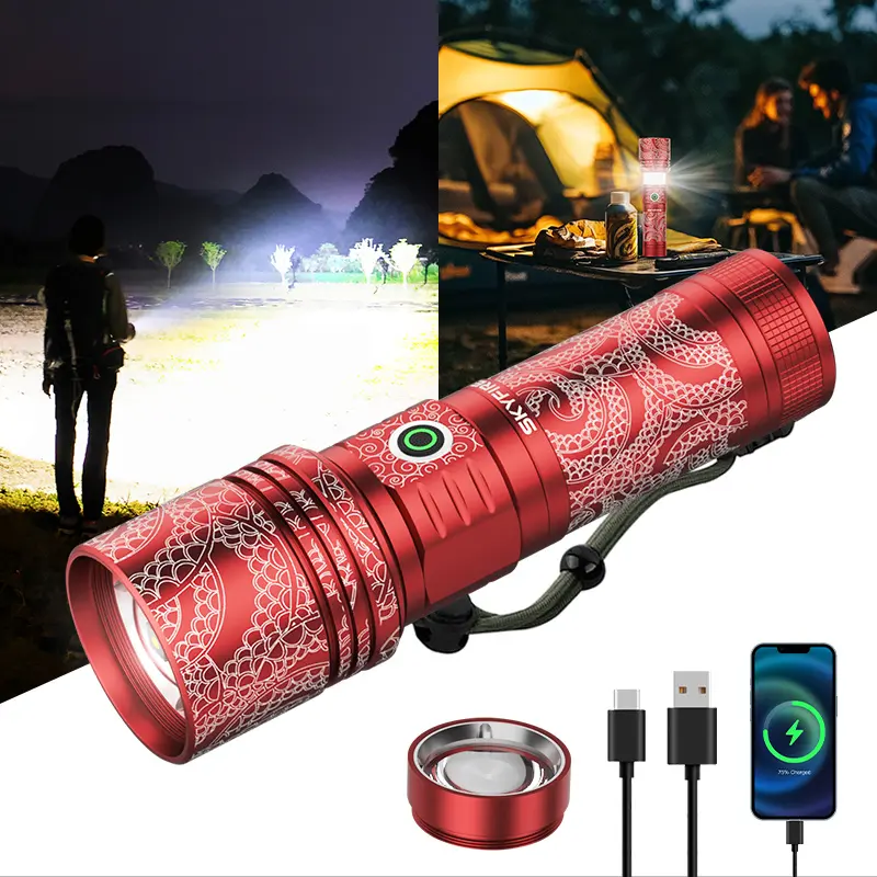 Skyfire Aluminum Handheld Flashlight - 2015 Model, 48-Hour Extended Battery Life, Adjustable, Emergency Ignition, Reverse Charging, High Power Torch, Strong Light, Spotlight Flashlight Lighting, Camping Use (Batteries Packed Separately)