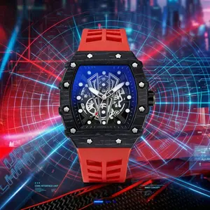 Men's Futuristic Cyberpunk Tonneau Mechanical Watch - Luxury Skeleton Dial, Breathable Silicone Strap, Casual Trendy Wristwatch, Masculine Water-Safe Wristband Quartz Watch for Streetwear Fashion, Wristband Quartz Watches