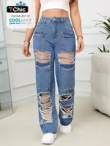 Women's Plain Ripped Straight Leg Jeans, Casual Street Flap Pocket Button Denim Trousers for Daily Wear, Ladies Bottoms for All Seasons