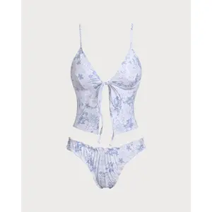Blue Floral Tie Front Tankini Set