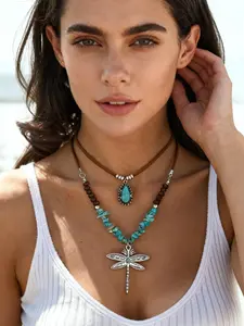 Double Layer Turquoise Dragonfly Pendant Necklace, Bohemian Western Beaded Jewelry Set, Perfect for Daily Wear and Music Festivals