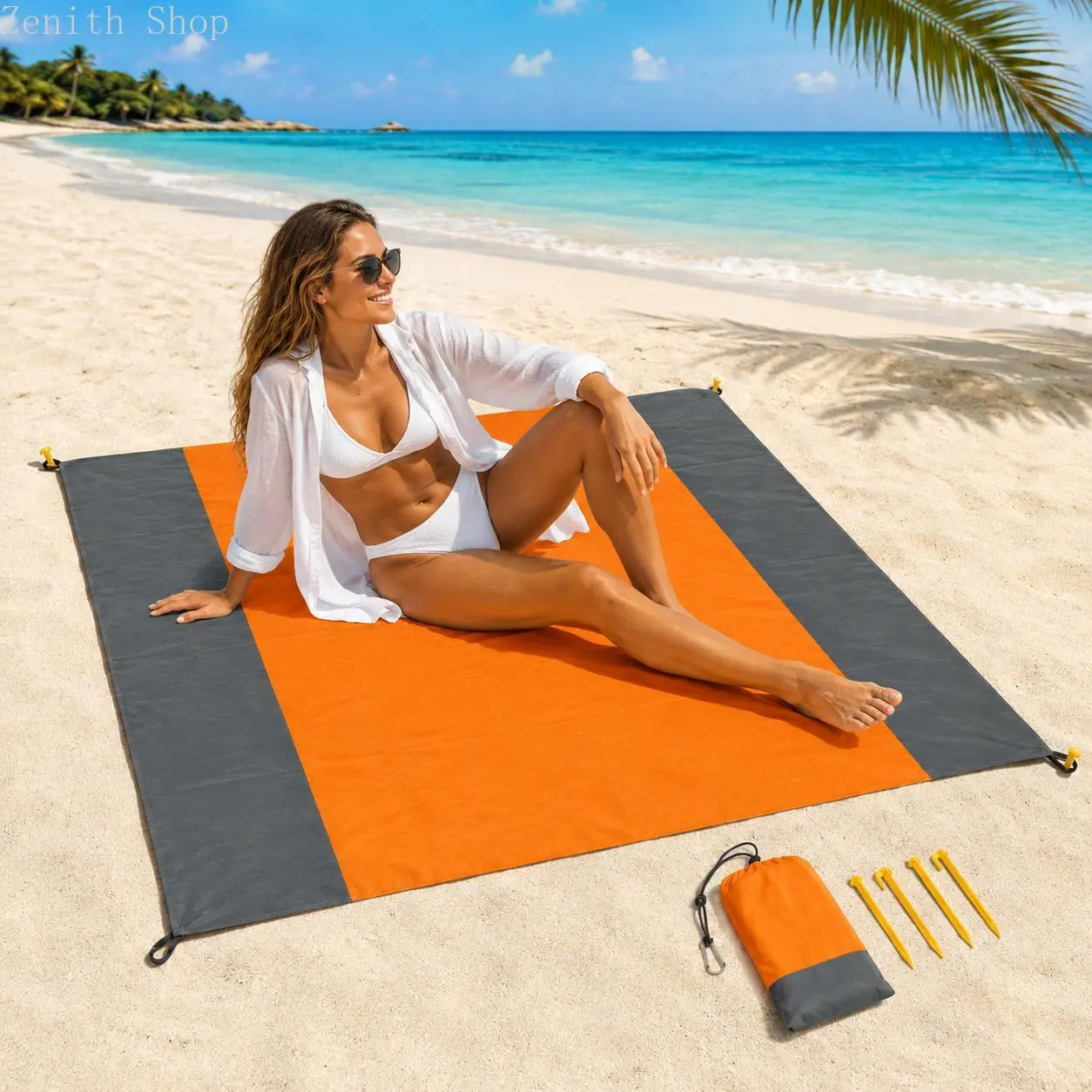 Sandproof Beach Blanket - 1pc Foldable, Lightweight, Portable Camping Gear with 4 Corner Stakes, No-Sand Picnic Blanket for Camping, Travel (Travel Must Haves) summerwins, Foldable Picnic Blankets