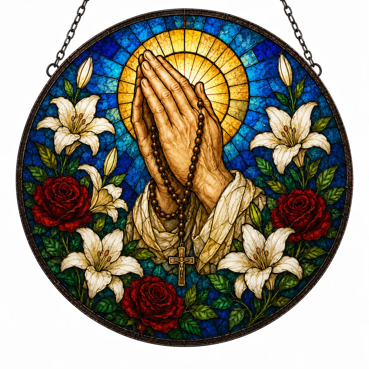 Praying Hands Rosary Faux Stained Glass Suncatcher, Catholic Window Hanging, Christian Prayer Gift, Religious Decor for Women