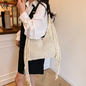 High-end cotton thread straw woven bag for women, new handmade woven bag, vacation beach bag, large-capacity shoulder tote bag