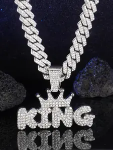 Hip Hop Punk Crown Letter King Pendant Necklace, Iced Out Bling-Bling Jewelry for Men Women, Street Style Daily Wear Gift, Birthday Gift Jewelry, Initial Letter Necklace, Alphabet Necklaces, Statement Necklace