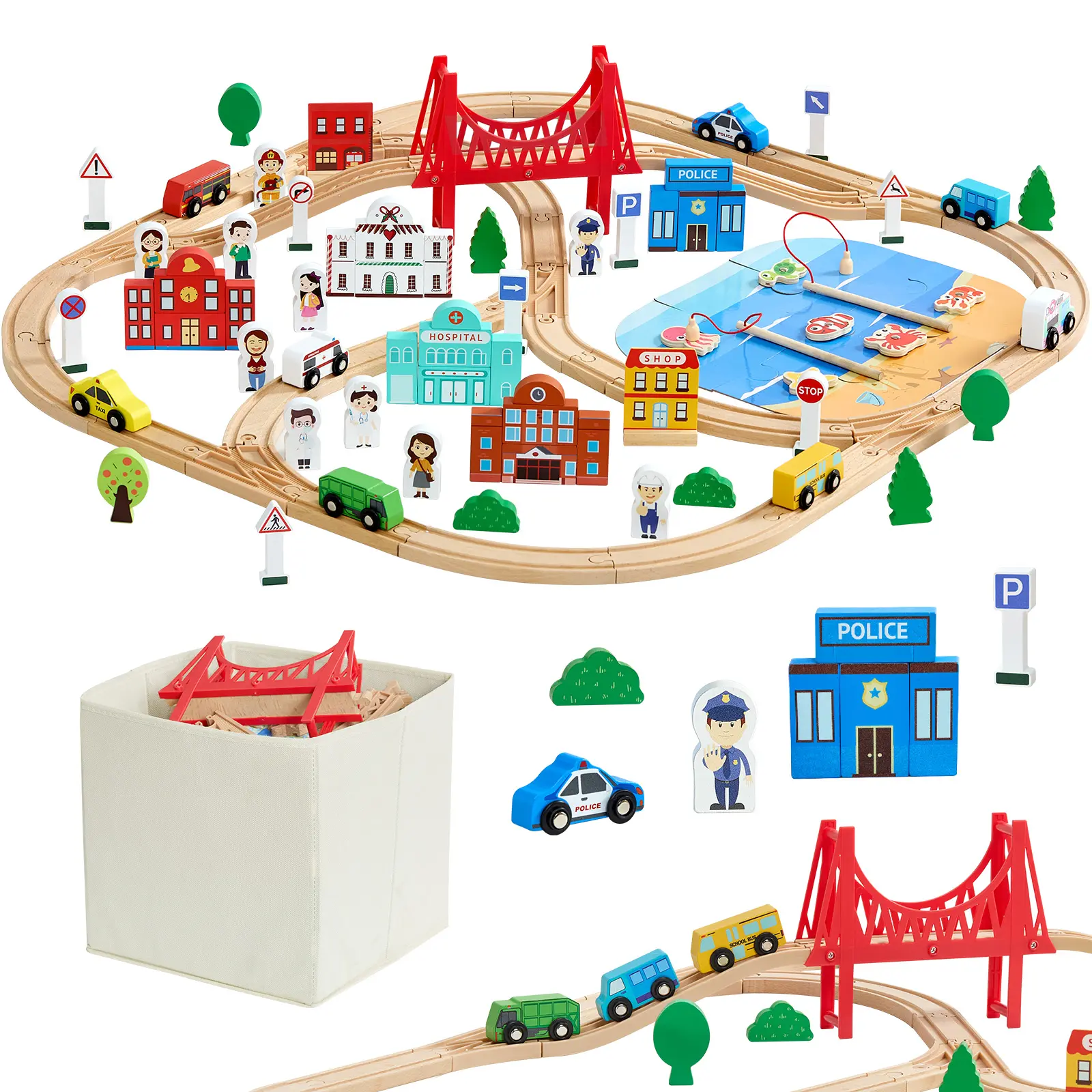 【SummerFinds】VEVOR 113PCS Beech Wood Train Set, Wooden Train Track Toy with Storage Box, City Scene Railway Playset, Major Brand Compatible, 3-8 Year Old Toddlers' Father's Day/Christmas/Birthday Gift