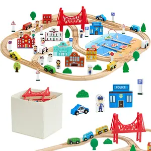 【Summervibes】VEVOR 113PCS Wooden Train Set, for Kids Ages 3-8, Wood Train Track Toy with Storage Box, City Scene Railway Playset, Compatible with Major Brands, Christmas Birthday Toy for Toddlers Boys and Girls