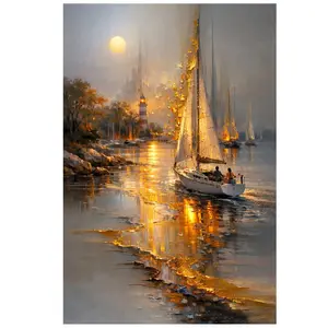 5D Diamond Painting Sunset Sailboat Lighthouse, Full Drill DIY Diamond Art Kit, Coastal Mosaic Embroidery, Home Wall Decor Gift for Adults