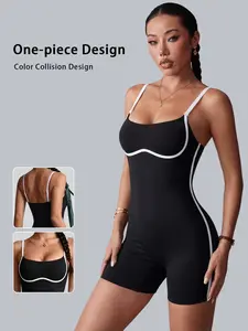 Women's Color Block One-Piece Workout Sporty Jumpsuit Gym Pant, Waist Cinching Fitness Wear, Thin Straps Ribbed Shaping Top, Yoga Exercise