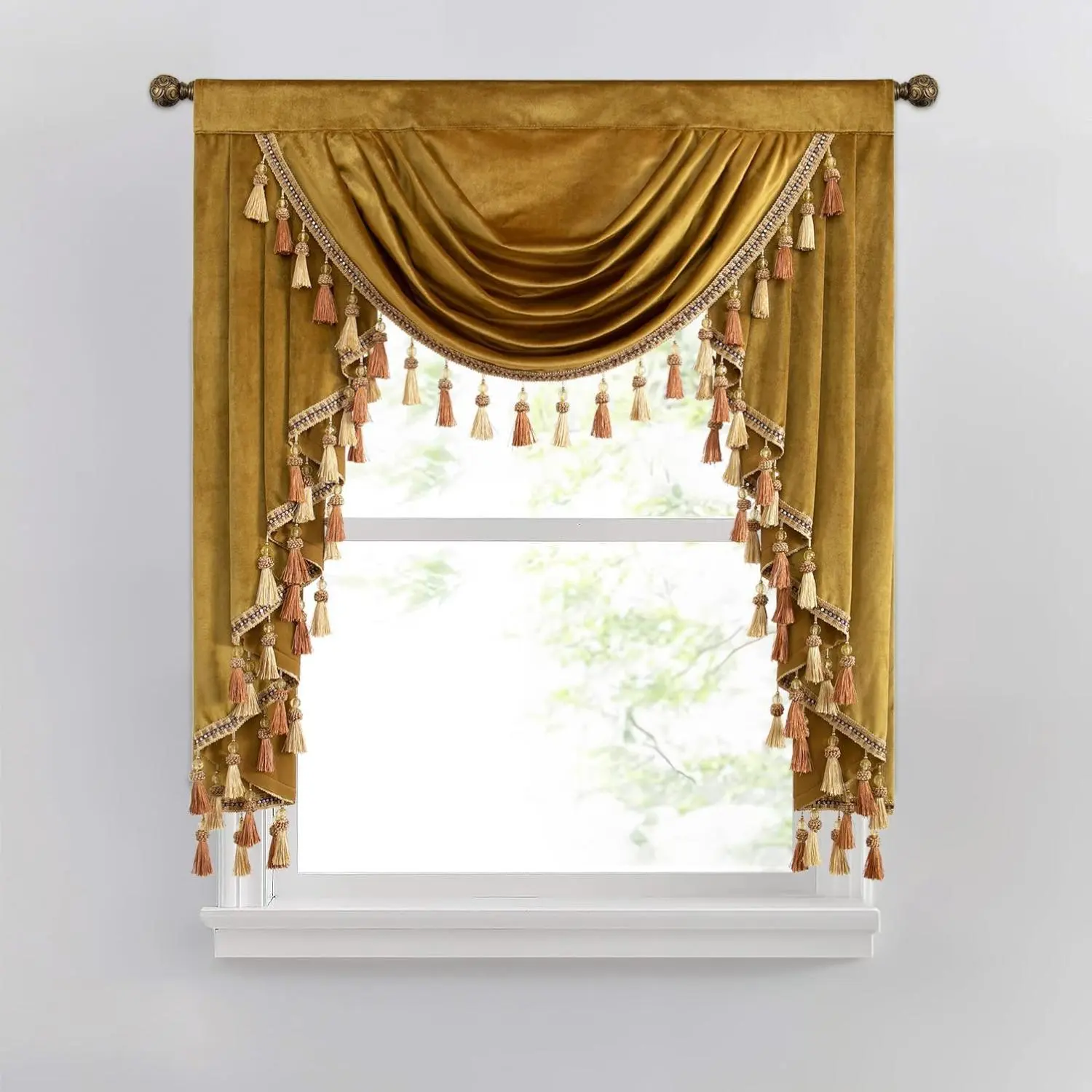 VOGOL Thick Velvet Window Curtain Valance, 1 Panel (W39 in) with Rod Pocket Top & Tassels, Gold Thermal Insulated Vintage Home Decoration Curtain for Bedroom & Formal Living Room, Window Curtains
