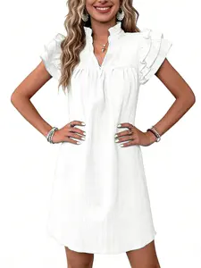 A women's solid color multi-layer ruffled sleeve V-neck pullover dress, suitable for summer, daily casual wear, vacations, dates, gatherings, and othe