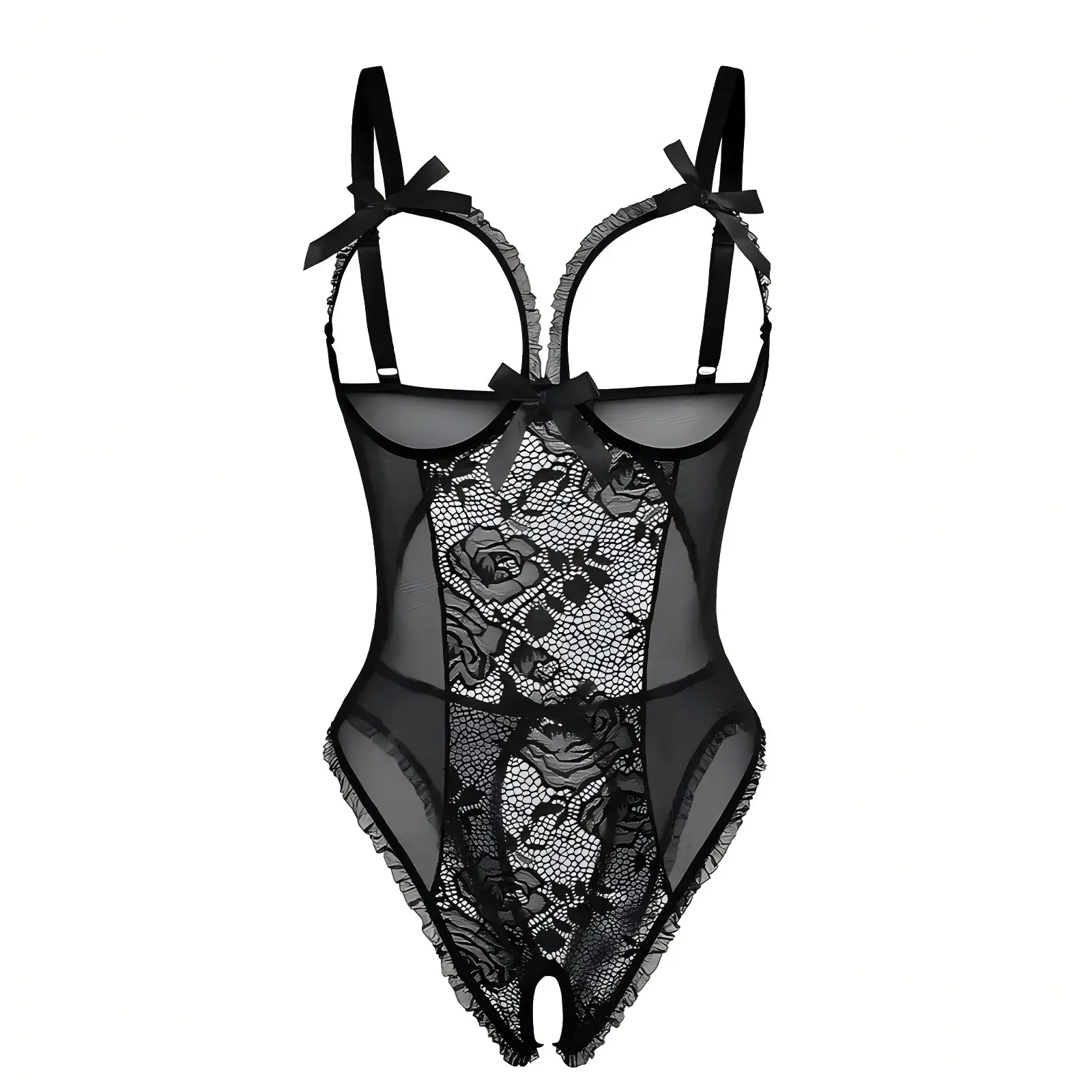 AgeRose Women's Chic V-Neck Fitted Backless Floral Lace Babydoll Mini Bodysuit - Matching Acrylic Ruffle, Mesh Cutout Bra, Adjustable Straps - Romantic Sexy Lingerie for Everyday & Bridal Wear - Gift Option