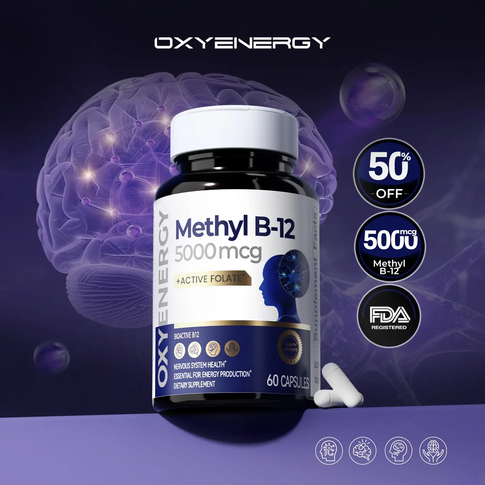 Oxyenergy Methyl B-12 Active Form,5000mcg High Content,Advanced Formula,plus Active Folate for Brain,Nerve & Energy,60 capsules/bottle