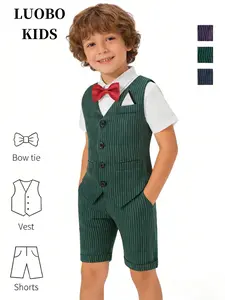Boys' Formal 3-Piece Waistcoat Suit Set Striped Sets - Fits Heights 100-150cm (Shirt Not Included), Perfect Gift For Boys, Toddlers, Teens, Kids & Youth; Ideal For Holidays, Christmas, Church & Ceremonies, Shorts--17091
