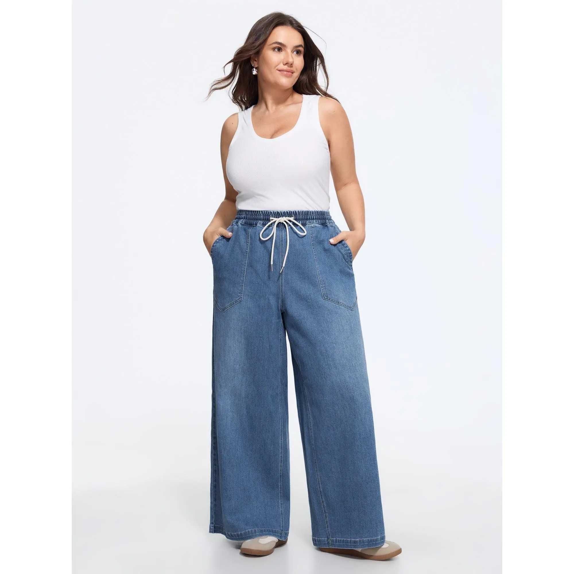BLOOMCHIC Women's Plus Size Spandex-Cotton Stretchy Drawstring Waist Pocket Wide Leg Jeans [M-6X] for Summer