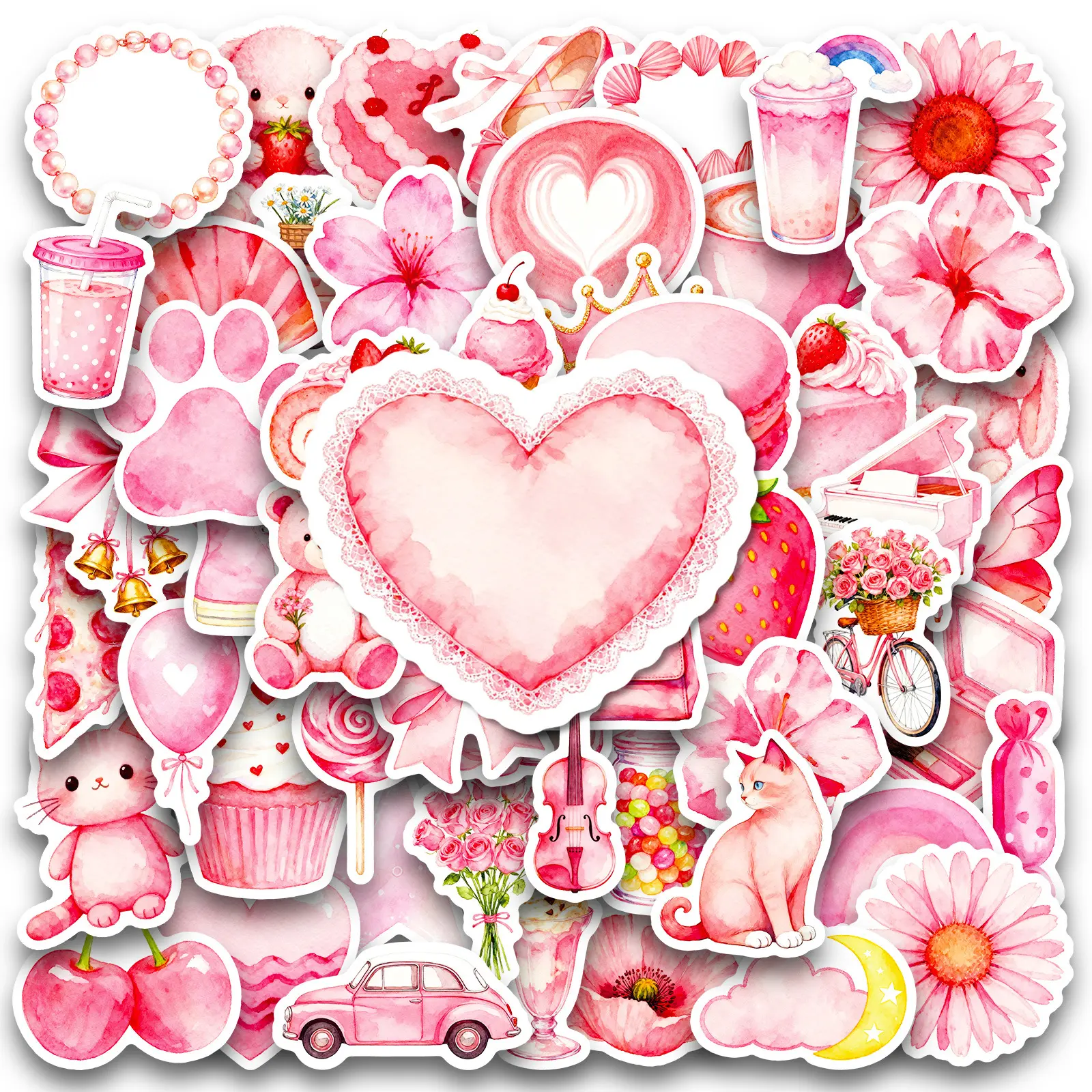 56 Pink Watercolor Doodle Stickers, Suitable for Scrapbooks, Diaries, Laptops, Water Bottles, Cars, and Other Faith-based Designs—gifts with Positive Messages, Sticker Decals, Decal Set