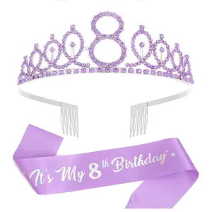 8th Birthday Crown & Birthday Sash Set, 8th Birthday Gifts for Girl 8th Birthday Decorations Girl