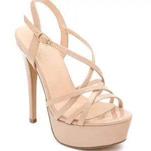 HIGH HEEL RUNAWAY PLATFORMS SANDALS in Nude Patent Leather with Crisscross Straps and Gold Buckle Detail