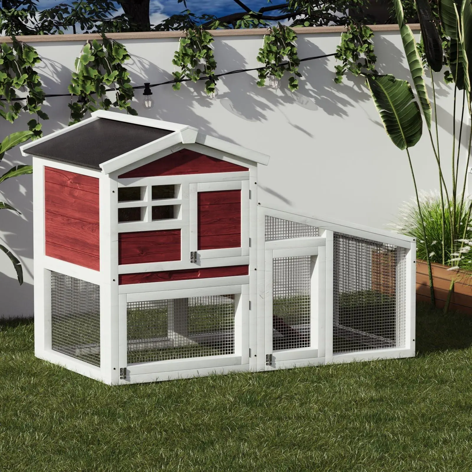 54" Rufous White Rabbit Hutch, 2-Tier Wooden Bunny Cage with Non-Slip Ramp & Removable Tray, Indoor/Outdoor Bunny Cage with Weatherproof Asphalt Roof for Rabbits, Guinea Pigs, Chickens