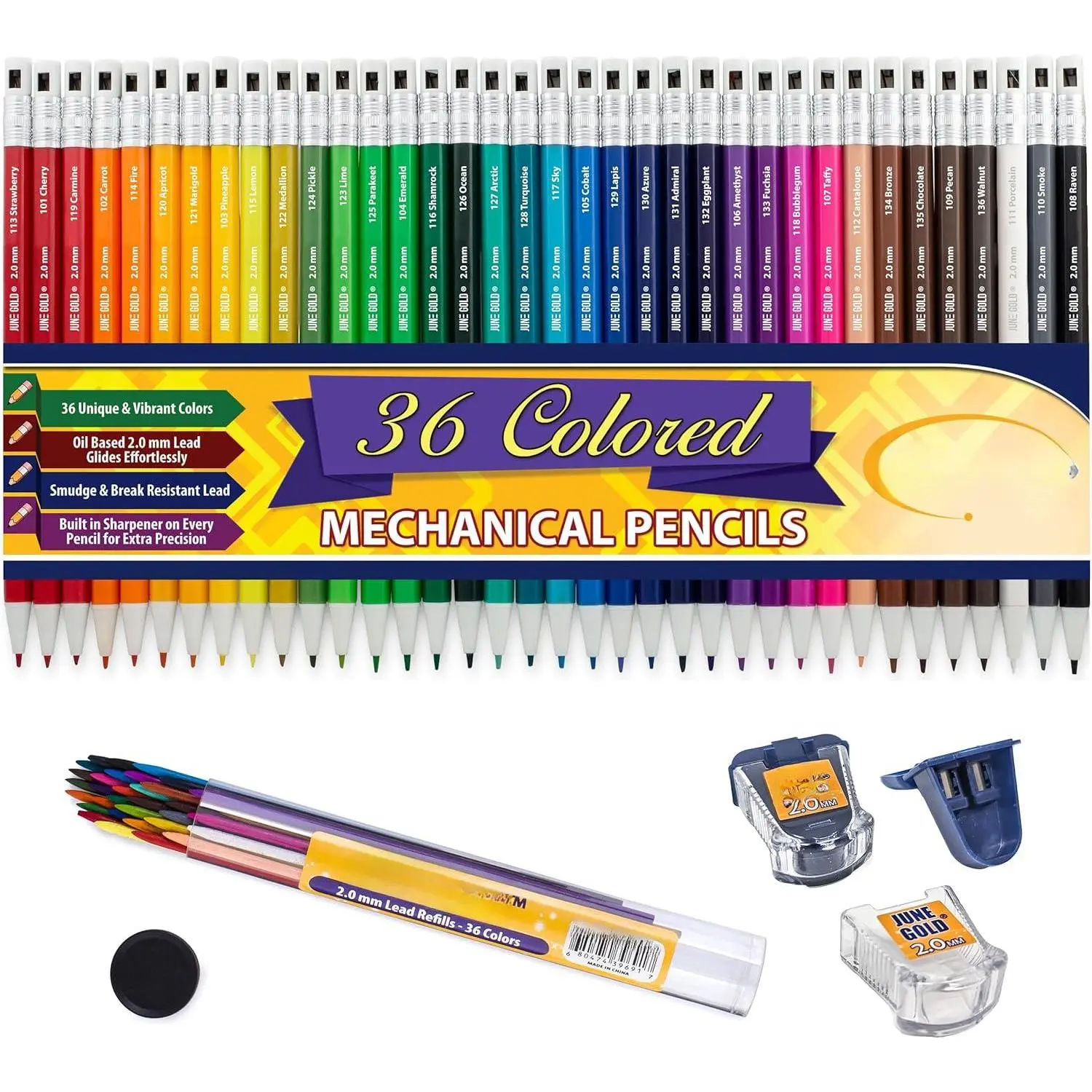 36 Assorted Colored 2.0 mm Mechanical Pencils with Unique Color Leads  Extra Refills 2 Independent Sharpeners Name is Printed on Each Pencil Barrel Built in Rear Sharpener